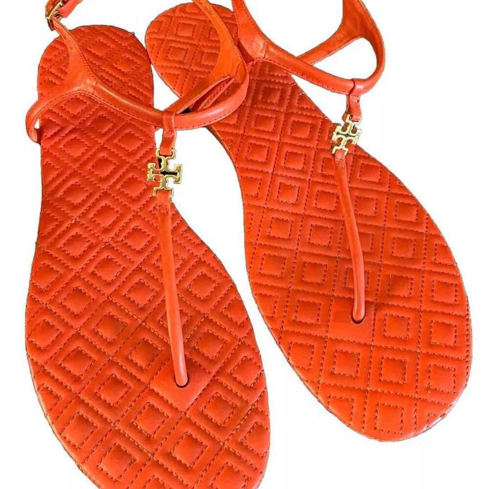 Tory Burch Designer Marion Thong Flip flop Quilted Sandals Red Orange Tstrap 9.5